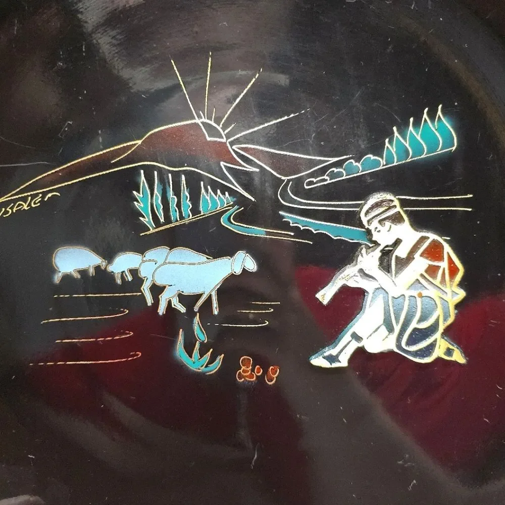 Vintage Jewish JERUSALEM Israel Metal Enameled Wall Plate Shepherd with sheep